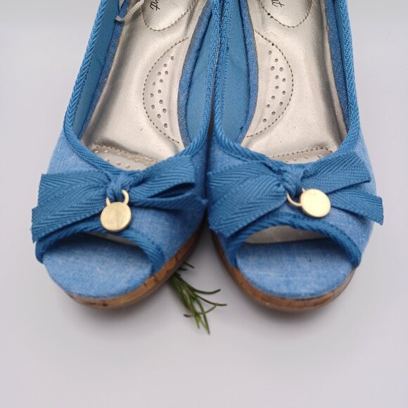Dexflex Comfort Denim and Cork Wedge Heel Peep Toe Shoes - Picture 3 of 10